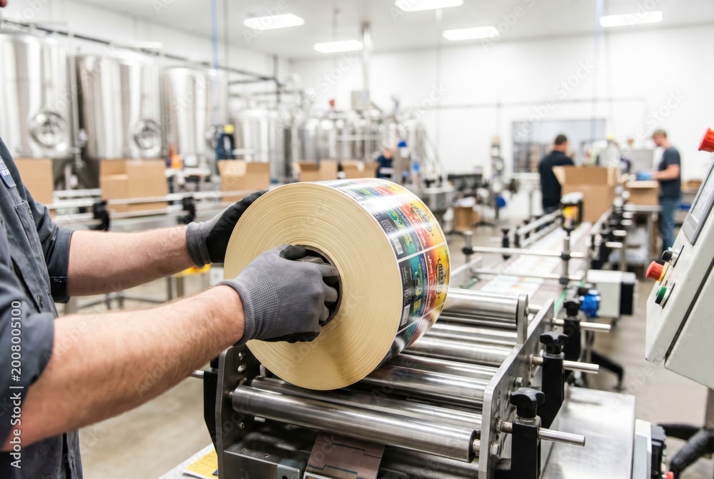 Fototapeta premium Brewery or factory worker loading a large roll of colorful product labels onto a packaging machine line