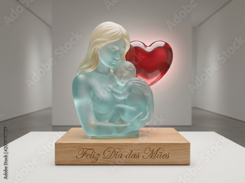 Glass sculpture of mother holding child with heart
