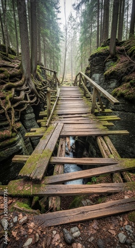 Dilapidated wooden bridge crossing a rocky forest gorge