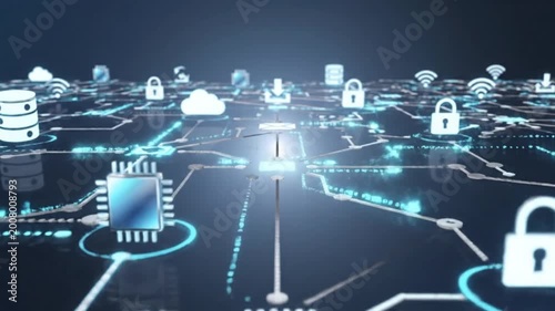 Illustrative representation of a complex digital network showcasing interconnected nodes, data transfer, and cybersecurity. Highlights modern technology, encryption, and secure data pathways in a futu