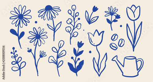 Canvas Print Wildflower element set with daisies, tulips, stems hand drawn naive doodle vector illustration