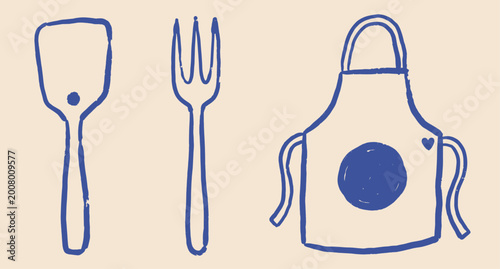 Foto BBQ tools set with spatula, fork, apron hand drawn naive doodle vector illustration