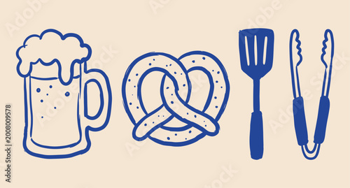 Quadro em tela Beer mug with pretzel and grill tools hand drawn naive doodle vector illustration