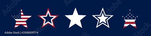 A set of USA star symbols in red, white, and blue, including a star-shaped version of the American flag. US stars on blue background