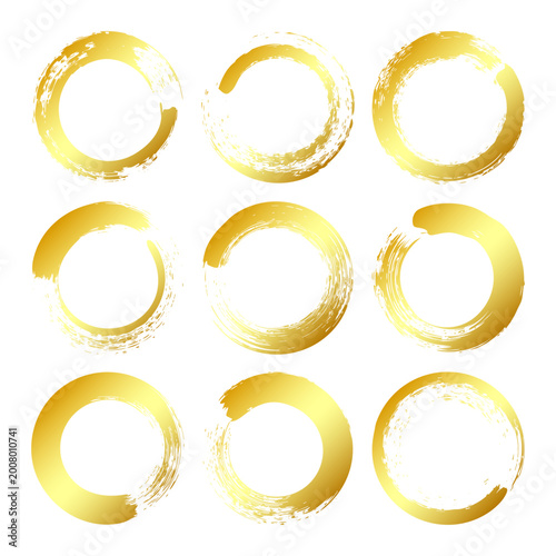 Golden grunge circles, brush strokes, lines, ink smudges, hand-drawn scribble shapes. Handmade sketchy marks, acrylic stains, charcoal streaks. Paint textures, dry brush effect. Vector illustration