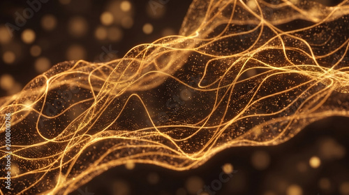 Golden artificial intelligence neural network mesh with glowing amber particles and flowing digital lines