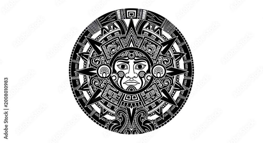 Obraz premium Aztec Sun Stone Calendar Symbol, Ancient Mexican Culture Icon, Black and White