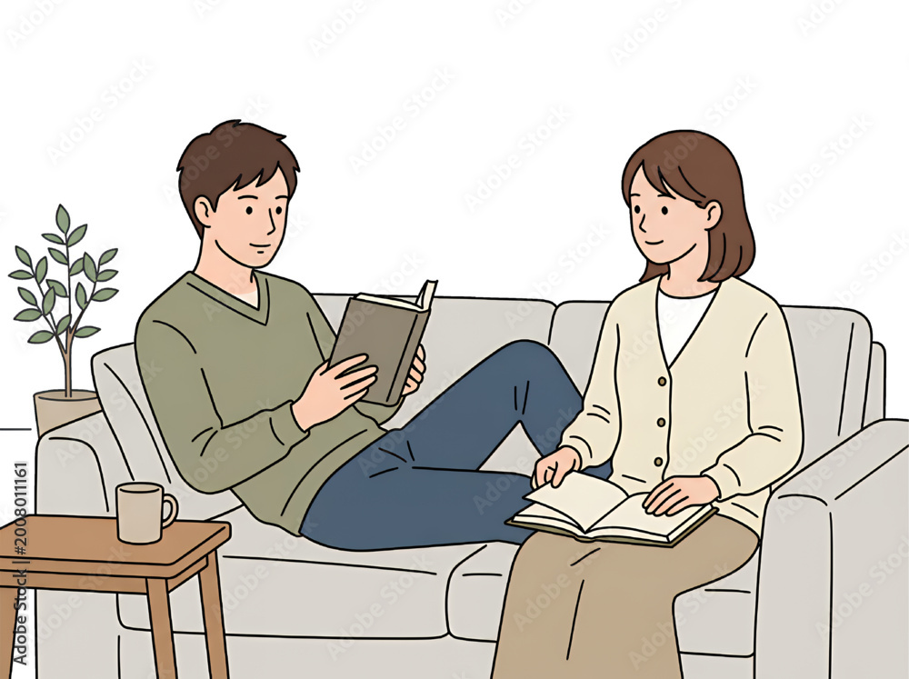 Obraz premium リビングのソファでリラックスしながら読書を楽しむ笑顔の日本人カップル男女