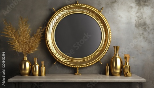 golden retro makeup mirror on concrete wall 3d rendering