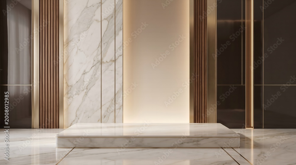 Fototapeta premium Modern luxurious interior space with a marble display pedestal and elegant wall panels.