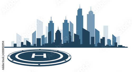 Foto Heliport with modern city skyline background, vector illustration