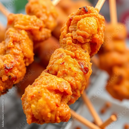 Crispy fried bites of chicken or beef on a stick, crispy, appetizer