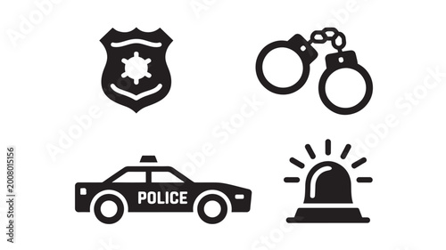 Police Icons Set with Badge Handcuffs Patrol Car and Siren Symbols for Law Enforcement and Security Concepts
