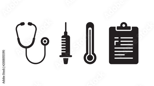 Medical Icons Set with Stethoscope Syringe Thermometer Clipboard for Healthcare Applications