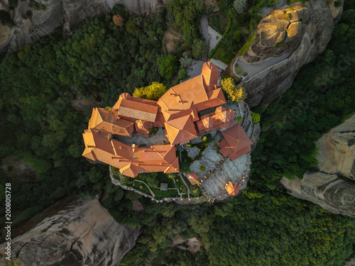 Aerial view of the Holy Monastery of Varlaam at Sunset, Meteora, Greece