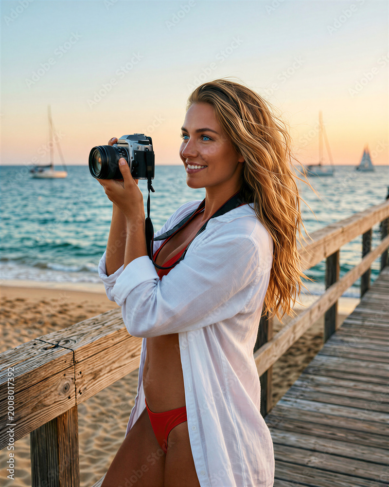 Fototapeta premium Smiling woman taking picture at golden hour, blonde hair blowing, white shirt and red bikini, photographer at beach, posing by waterfront boardwalk.