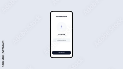 Mobile phone app user interface template showing pro camera software update with loading animation and successful installation status screen.