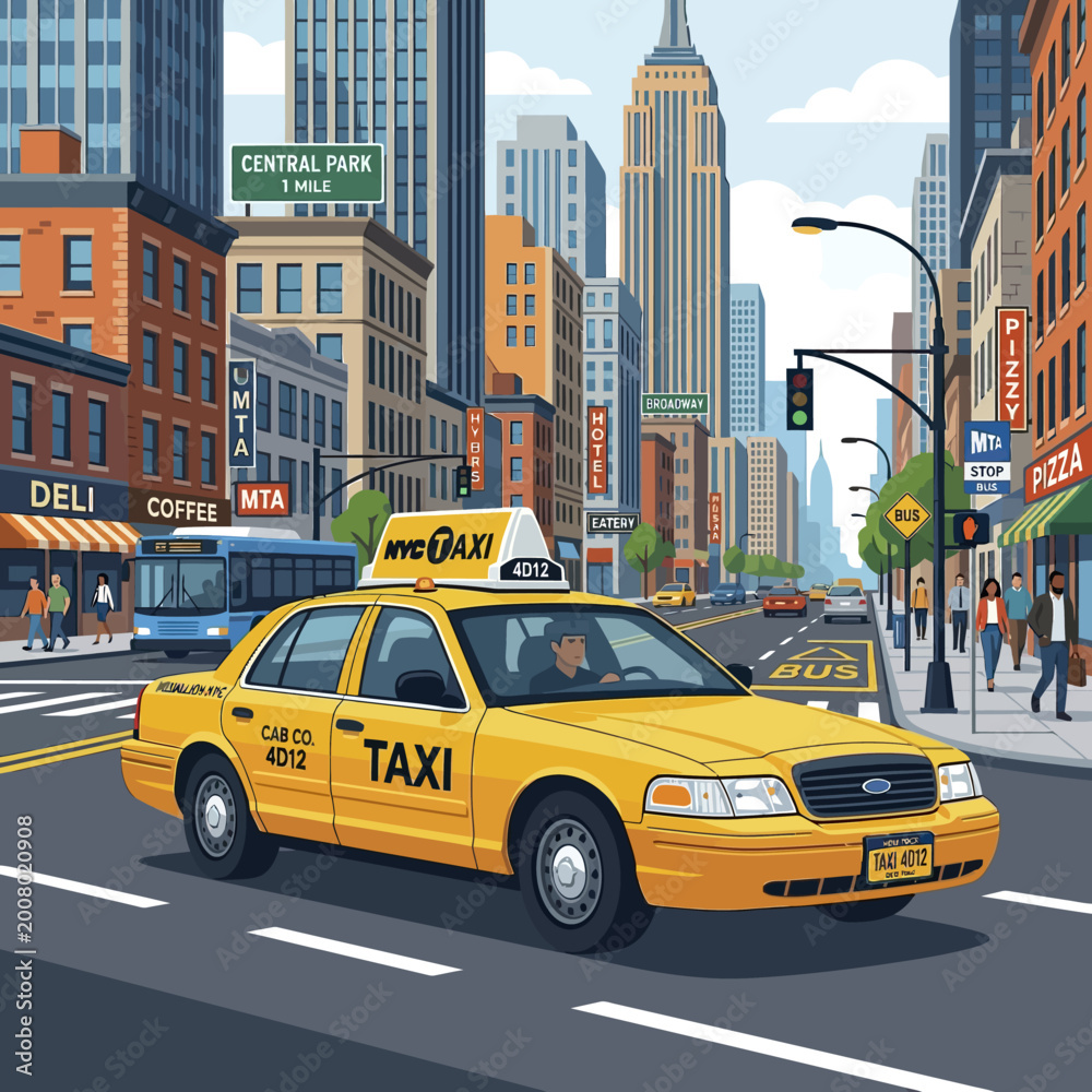 Obraz premium Classic yellow taxi cab driving through city streets.