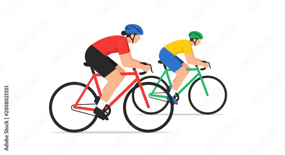 Fototapeta premium Two cyclists racing on road bikes, dynamic motion, healthy lifestyle
