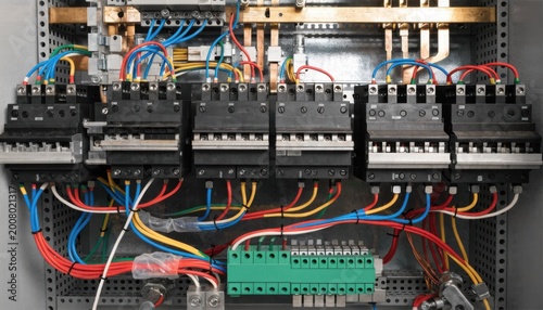 Medium shot of a compact electrical panel being wired showcasing meticulous installation of breakers and terminals inside a tightly arranged control cabinet.
