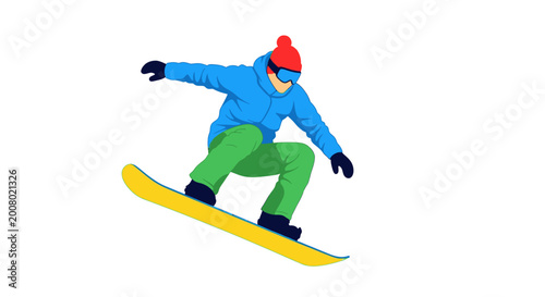 Foto Snowboarder jumping mid-air, active winter sport, isolated on white