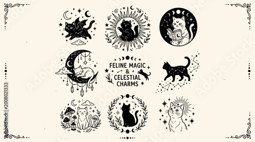Set of magical cat illustrations with celestial elements and mystical symbols.