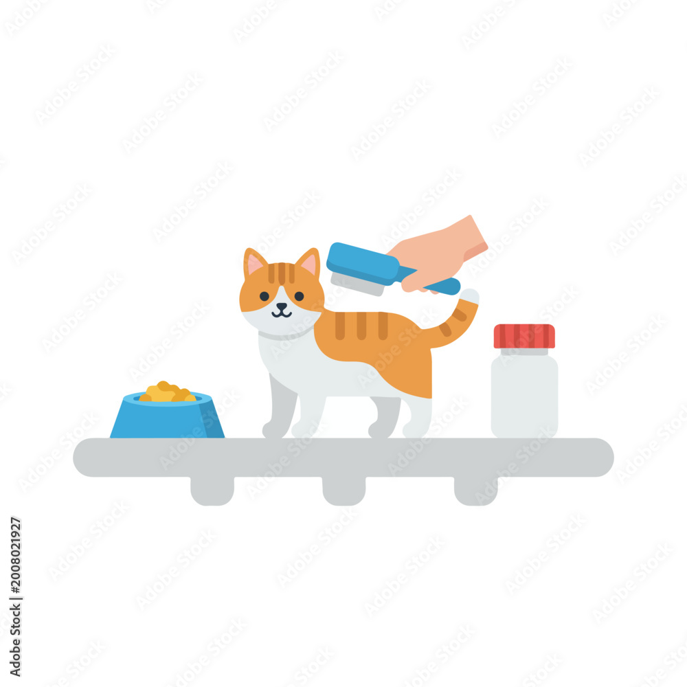 Fototapeta premium A ginger and white cat is groomed with a brush on a shelf alongside a food bowl and a bottle of vitamins in a flat vector illustration style.