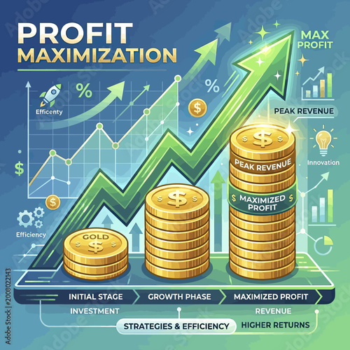 Conceptual illustration of profit maximization featuring gold coin stacks and an upward growth trend arrow.