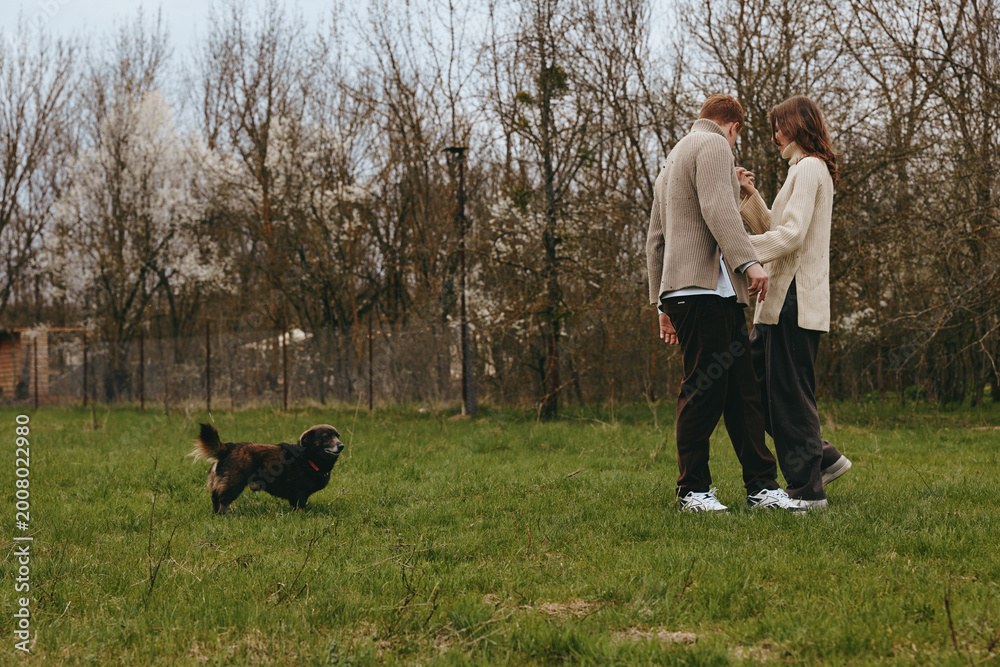 Fototapeta premium Couple walking with a dog in a park, casual outfits, candid lifestyle moment, outdoor activity, gentle breeze, greenery and bare trees in the background, communicates bonding, happiness, and everyday