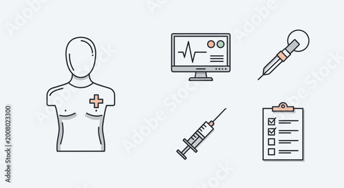 Set of medical line icons representing healthcare and diagnostics.