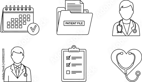 Set of medical line icons representing healthcare services and diagnostics.