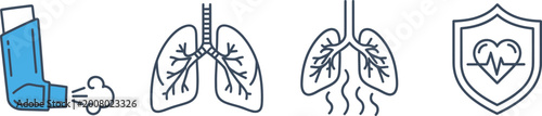 Set of medical line icons representing respiratory health and heart protection.