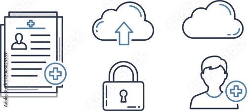 Set of medical record cloud storage and security icons.