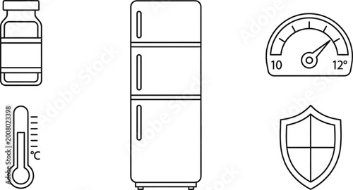 Set of medical refrigeration and cold chain logistics icons.