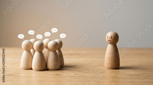 Sad wooden figure standing isolated from a communicating group, symbolizing social exclusion, loneliness, bullying, and the impact of ostracism