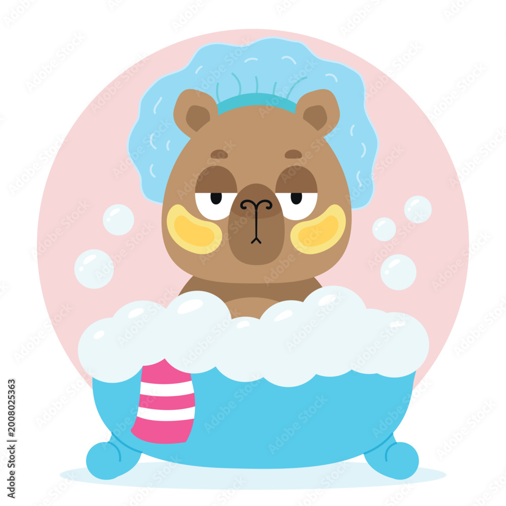 Fototapeta premium Funny cartoon capybara taking a bubble bath, wearing a shower cap and patches. Vector illustration, isolated background.