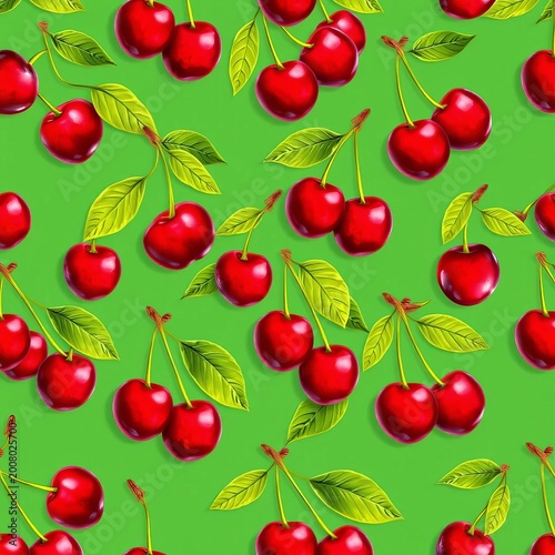 Seamless pattern of cherry fruit with green leaves on a green background, Background, Seamless