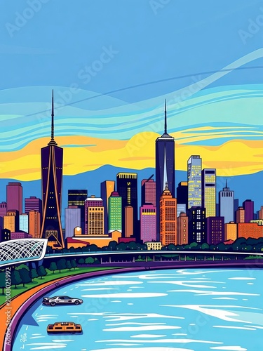 Vector Postcard Illustration with City Skyline, stamp, illustration