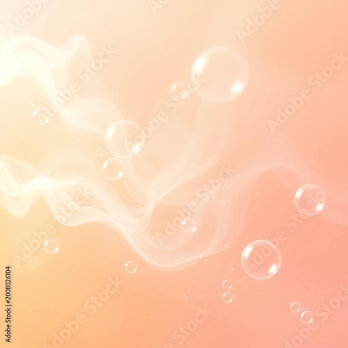 Whispy pastel bubbles drifting across a warm, golden pink and creamy yellow backdrop, evoking a sense of serene wonder, light, airy