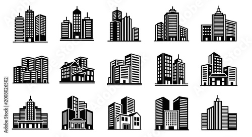 Modern City Skyline and Skyscraper Silhouette Set