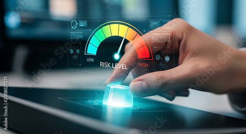 Risk analysis and management. An analyst's hand turns a knob on a holographic 'risk meter', adjusting the level from 'low' to 'high' to simulate scenarios.
