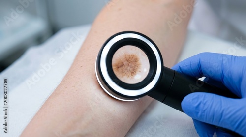 Tableau sur toile Medical professional conducting skin cancer screening with specialized dermatoscope tool