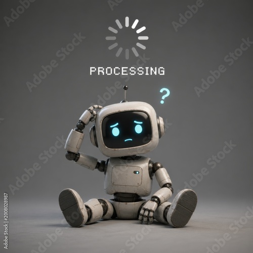 Confused Robot Sitting, Scratching Head with Processing Loading Circle and Question Mark