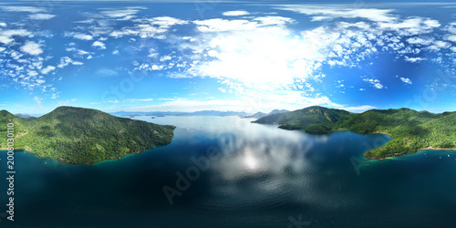 Seamless 360 degrees aerial panorama of the calm lagoon of the island of Ilha Grande in Brazil area near the town of Angra dos Reis