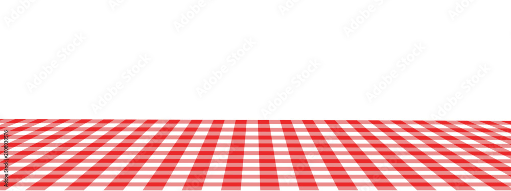 Fototapeta premium Picnic or kitchen table surface with checkered red and white tabletop in perspective view. Italian pizzeria cafe or restaurant wallpaper. Breakfast or dinner background. Vector flat illustration.