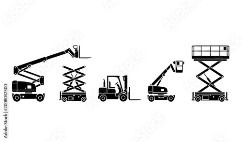 Photos Black and white construction lifting equipment vector lineup with boom lift scis