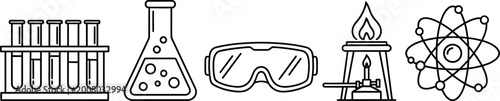 Set of scientific laboratory equipment and chemistry icons.