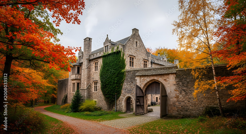 Obraz premium Large Stone Castle Gate House Structure.