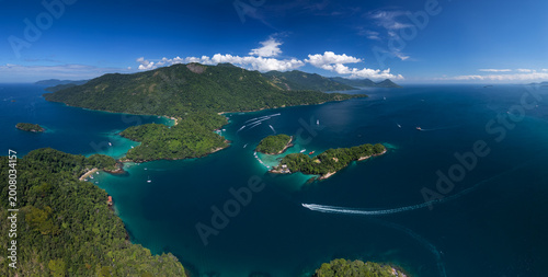 Aerial panorama of the coastline in Brazil. Area near the Island of Ilha Grande and lagoon named Lagoa Azul