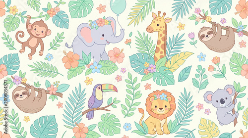 seamless pattern with funny animals and leaves